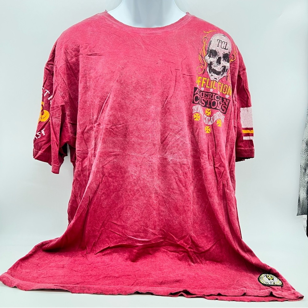 Affliction Men’s Crimson w/Yellow/Black Skull Graphic Tee Factory Fade-Size 3Xl